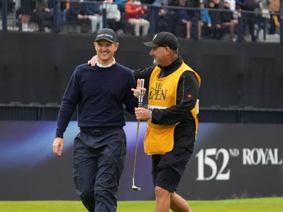 Justing Rose walks off the 18th green with his caddie Mark Fulcher after finishing his round with playing partner & overnight leader Billy Horschel. The British Open Championship, Day Three, Golf, Royal Troon, Troon, UK - 20 July 2024  Copyright: xStuartxWallace Shutterstockx 14588004db