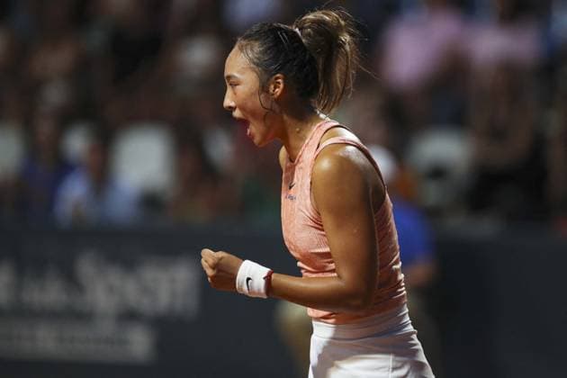 Sport Bilder des Tages International Tennis match - Palermo Open Ladies WTA, Tennis Damen 250 Zheng Qinwen celebrates the point scored during Palermo Open Ladies WTA 250, International Tennis match in Palermo, Italy, July 20 2024 Palermo Italy  Copyright: xIPAxSport ABACAx