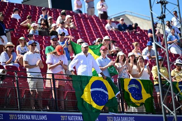 BASTAD, SWEDEN 20240721 Brazilian supporters during Sunday s final as Brazil s Orlando Luz and Rafael Matos win Sunday s men s doubles final against France s Manuel Guinard and Gregoire Jacq in the Nordea Open in Bastad, Sweden on July 21, 2024 BASTAD SWEDEN x9200x  Copyright: xBjörnxLarssonxRosvall TTx NORDEA OPEN BASTAD FINAL