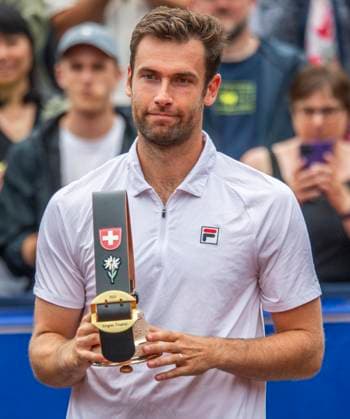 July 21, 2024, Gstaad, Bern, Switzerland: Gstaad Switzerland, 07 21 2024: QUENTIN HALYS of France celebrates his performance during the awards ceremony of EFG Swiss Open Gstaad ATP, Tennis Herren 250 , EFG Swiss Open Gstaad-ATP 250 took place at Roy Emerson Arena in Gstaad, which is located in the famous ski resort of Gstaad and which is located in the Bernese Oberland..MATTEO BERRETTINI won 6-3, 6-1 and wins the tournament. Gstaad Switzerland - ZUMAd206 20240721_zip_d206_025 Copyright: xEricxDubostx