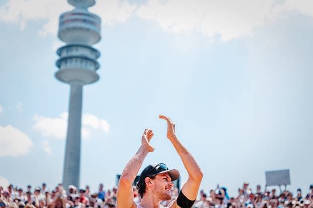 Beach volleyball men German Beach Tour 2024 Tourstop Munich 21 07 2024 Paul Henning is happy after the victory Munich Central University Sports Beach Bavaria Germany