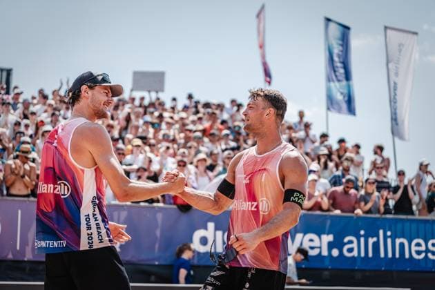 Beach volleyball men German Beach Tour 2024 Tourstop Munich 21 07 2024 f l Paul Henning and Daniel Kirchner Munich Central University Sports Beach Bavaria Germany