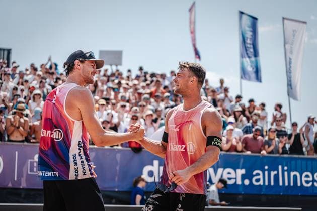 Beach volleyball men German Beach Tour 2024 Tourstop Munich 21 07 2024 f l Paul Henning and Daniel Kirchner Munich Central University Sports Beach Bavaria Germany