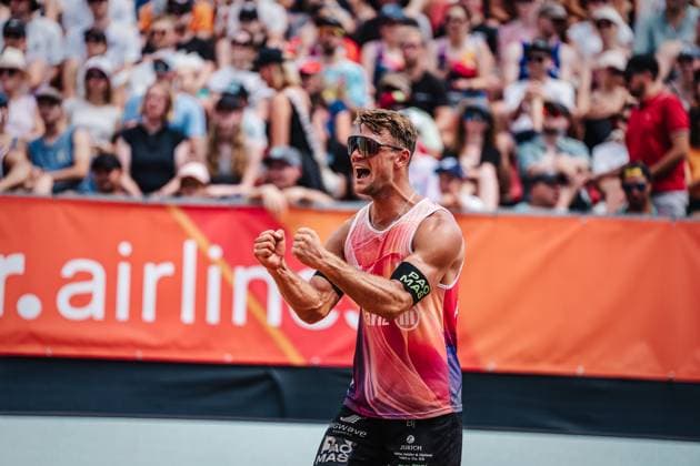 Beach volleyball men German Beach Tour 2024 Tourstop Munich 21 07 2024 Daniel Kirchner cheers Munich Central University Sports Beach Bavaria Germany