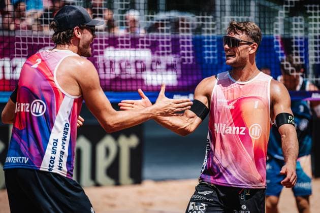 Beach volleyball men German Beach Tour 2024 Tourstop Munich 21 07 2024 f l Paul Henning and Daniel Kirchner Munich Central University Sports Beach Bavaria Germany
