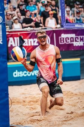 Beach volleyball men German Beach Tour 2024 Tourstop Munich 21 07 2024 Daniel Kirchner cheers Munich Central University Sports Beach Bavaria Germany