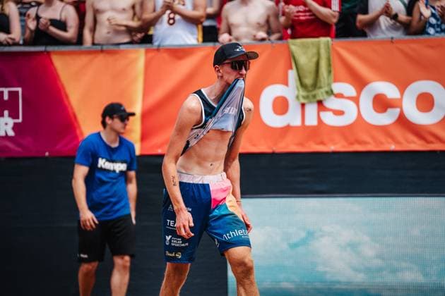 Beach volleyball men German Beach Tour 2024 Tourstop Munich 21 07 2024 Momme Lorenz annoyed Munich Central University Sports Beach Bavaria Germany