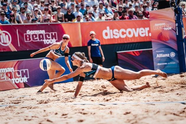 Beach volleyball men German Beach Tour 2024 Tour stop Munich 21 07 2024 Sandra Ittlinger jumps for the ball Munich Central University Sports Beach Bavaria Germany