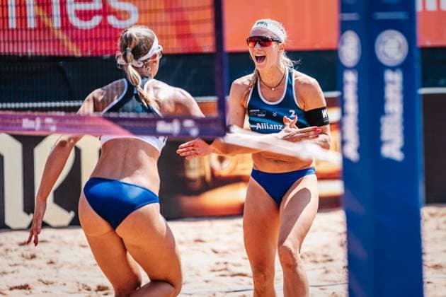 Beach volleyball men German Beach Tour 2024 Tourstop Munich 21 07 2024 f l Sandra Ittlinger and Kim van de Velde Munich Central University Sports Beach Bavaria Germany