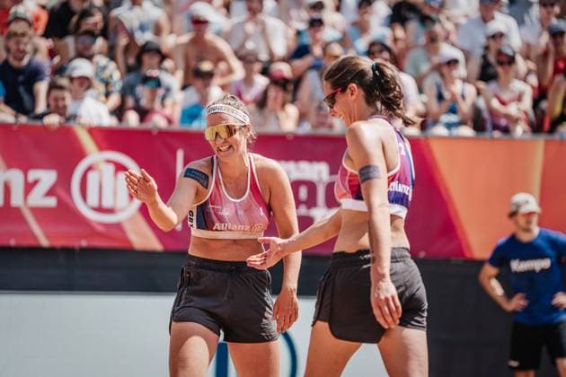 Beach volleyball men German Beach Tour 2024 Tourstop Munich 21 07 2024 f l Isabel Schneider and Kira Walkenhorst Munich Central University Sports Beach Bavaria Germany