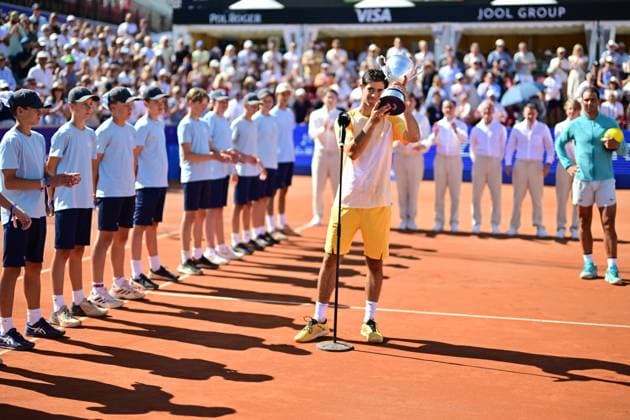 BASTAD 20240721 Portugals Nuno Borges with the trophy after winning Sundays mens singles final against Spains Rafael Nadal at the Nordea Open in Bastad BASTAD SWEDEN x9200x  Copyright: xBjörnxLarssonxRosvall TTx NORDEA OPEN BASTAD FINAL