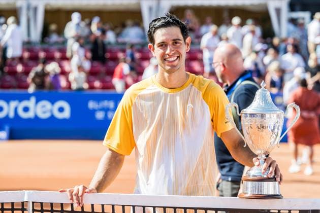 240721 Nuno Borges of Portugal celebrates with the trophy after the men™s single final against Rafael Nadal of Spain during Nordea Open day 7 on July 21, 2024 in Bastad Photo Niclas Jönsson BILDBYRAN COP 273 NO0291 tennis svenska öppna swedish open bbeng jubel  Copyright: NICLASxJÖNSSON BB240721NO104