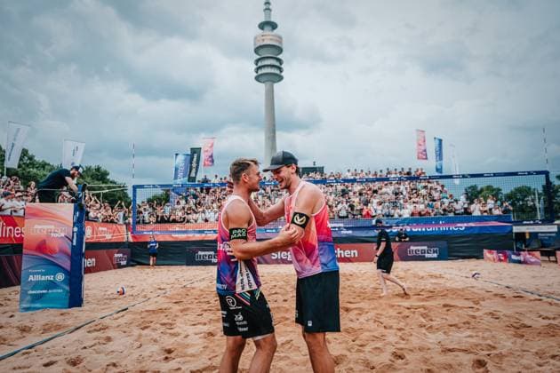 Beach volleyball men German Beach Tour 2024 Tourstop Munich 21 07 2024 f l Daniel Kirchner and Paul Henning win the tournament in Munich Munich Central University Sports Beach Bavaria Germany