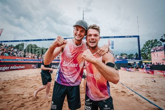 Beach volleyball men German Beach Tour 2024 Tourstop Munich 21 07 2024 f l Paul Henning and Daniel Kirchner win the tournament in Munich Munich Central University Sports Beach Bavaria Germany