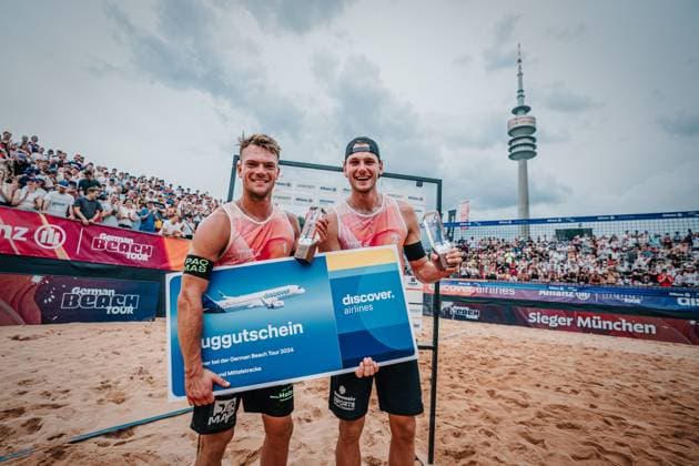Beach volleyball men German Beach Tour 2024 Tourstop Munich 21 07 2024 f l Daniel Kirchner and Paul Henning win the tournament in Munich Munich Central University Sports Beach Bavaria Germany