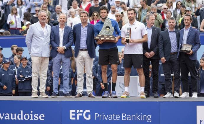 International Tennis match - EFG Swiss Open Gstaad Gstaad Switzerland, 07 21 2024: Matteo Berrettini (ITA) wins final against Quentin Halys (FRA) during EFG Swiss Open. during EFG Swiss Open Gstaad, International Tennis match in Gstaad, Switzerland, July 21 2024 Gstaad Switzerland  Copyright: xIPAxSport ABACAx