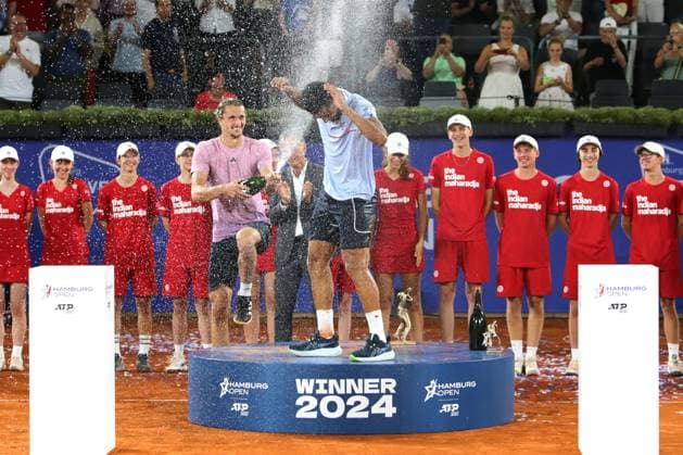 Tennis Men ATP, Tennis Men Tour 500 European Open Hamburg, Hamburg Open ATP 500 2024 , 21 07 2024 , Final , Alexander Zverev GER gives Arthur Fils FRA a champagne shower , Winner Hamburg 2024 Copyright: FernandoxSoares