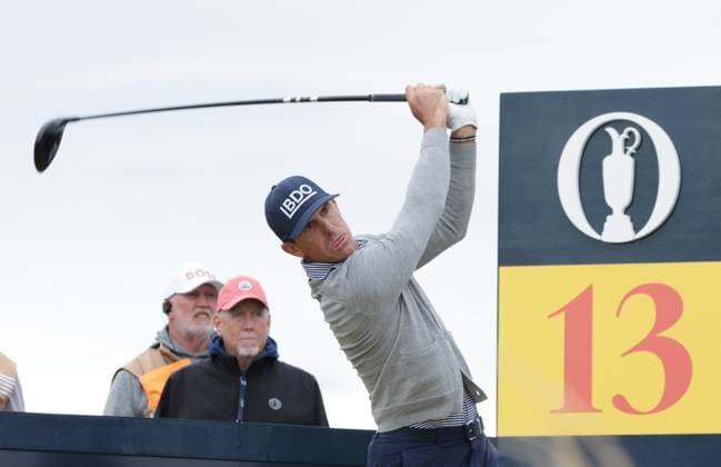 American Billy Herschel drives on the 13th tee at the 152nd Open Championship at Royal Troon Golf Club in Troon, Scotland on Sunday, July 21, 2024. Schauffele won by two shots with a score of nine under under par.  LON2024072124 HUGOxPHILPOTT