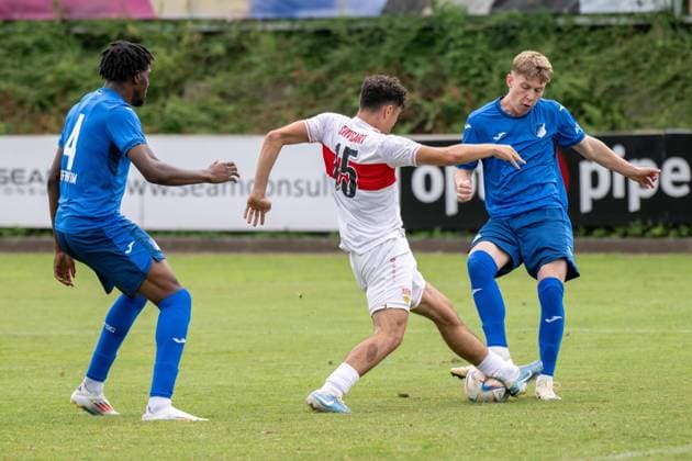 Maxime Ndong Penda TSg 1899 Hoffenheim , Emirhan AÄüzÄ±kara VfB Stuttgart and Alex Honajzer Tag 1899 Hoffenheim xettx, Germany, Schwaebisch Hall, 21 07 2024, 21 Sparkassen Bundeslica Cup A Juniors, 2024, Semifinal, TSG 1899 Hoffenheim VfB Stuttgart, Optima Sporttpark Foto A2 Bildagentur Peter Hartenfelser