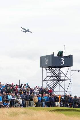 21st July 2024; Royal Troon Golf Club, Troon, South Ayrshire, Scotland; The Open Championship Final Round; An aeroplane flies over the 3rd hole during the final round  ActionPlus12671108 StevenxFlynn