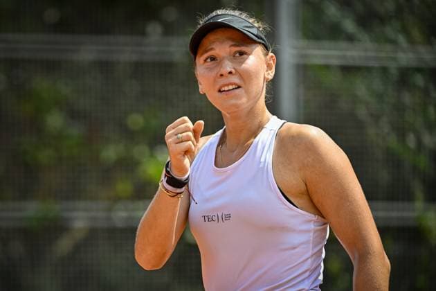 Russian tennis player Oksana Selekhmeteva reacts during the WTA, Tennis Damen women s tennis tournament Livesport Prague Open 2024 match against Barbora Palicova from Czechia, in Prague, Czech Republic, on July 22, 2024. (CTKxPhoto VitxSimanek) CTKPhotoP2024072202607  CTKPhotoP2024072202607