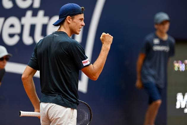 TENNIS - ATP, Tennis Herren Generali Open 2024 KITZBUEHEL,AUSTRIA,22.JUL.24 - TENNIS - ATP World Tour, Generali Open. Image shows the rejoicing of Joel Schwaerzler (AUT).  GEPAxpictures xDanielxSchoenherr