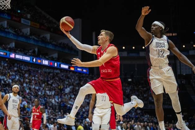 Basketball London 22 07 2024 Test Match Friendly Match Men, Men USA Basketball Showcase United States of America USA Germany GER Andreas Obst Germany, No 42 Jrue Holiday USA, No 12