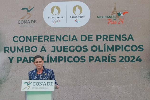 Ana Gabriela Guevara press conference, PK, Pressekonferenz Heading to the Paris 2024 Olympic Games, Olympische Spiele, Olympia, OS Ana Gabriela Guevara, general director of the National Commission for Physical Culture and Sports (CONADE), speaking during a press conference heading to the Paris 2024 Olympic and Paralympic Games, at the facilities of CONADE. Mexico City CDMX Mexico Copyright: xJosexLuisxToralesx