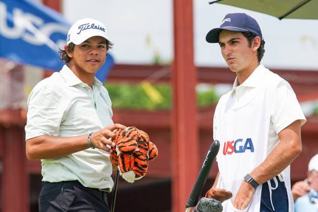 July 23, 2024, Bloomfield Hills, Michigan, USA: Charlie Woods (USA)(L) and his caddie Luke Wise wait on the 1st hole - North Course during the second round of the 2024 U.S. Junior Amateur Championship at Oakland Hills Country Club. Bloomfield Hills USA - ZUMAw109 20240723_fap_w109_008 Copyright: xDebbyxWongx