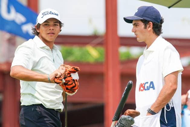 July 23, 2024, Bloomfield Hills, Michigan, USA: Charlie Woods (USA)(L) and his caddie Luke Wise wait on the 1st hole - North Course during the second round of the 2024 U.S. Junior Amateur Championship at Oakland Hills Country Club. Bloomfield Hills USA - ZUMAw109 20240723_fap_w109_011 Copyright: xDebbyxWongx