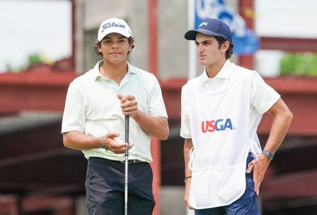 July 23, 2024, Bloomfield Hills, Michigan, USA: Charlie Woods (USA)(L) and his caddie Luke Wise wait on the 1st hole - North Course during the second round of the 2024 U.S. Junior Amateur Championship at Oakland Hills Country Club. Bloomfield Hills USA - ZUMAw109 20240723_fap_w109_017 Copyright: xDebbyxWongx