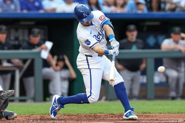 July 23, 2024: Kansas City Royals outfielder Garrett Hampson (2) hits a single against the Arizona Diamondbacks during the first inning at Kauffman Stadium in Kansas City, MO. CSM Kansas City United States of America - ZUMAc04_ 20240723_zma_c04_198 Copyright: xDavidxSmithx