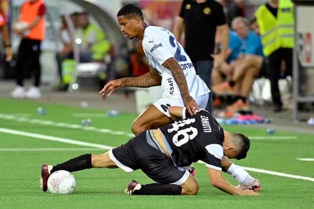Jayden Oosterwolde, FB, vo Mattia Zanotti, FCL, on the ground, FC Lugano Fenerbahce SK, Champions League qualification, Football, 23 07 2024
