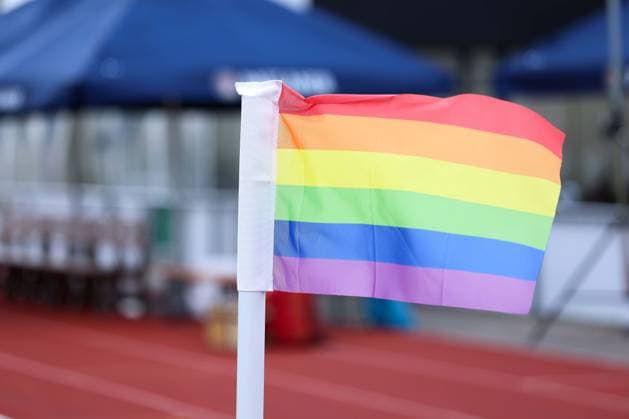 Soccer test match FC Rottach Egern FC Bayern Munich on 24 07 2024 in the stadium at Birkenmoos in Rottach Egern Symbol image Symbol photo Corner flag in the colors Logo of LGBTQ xMSx