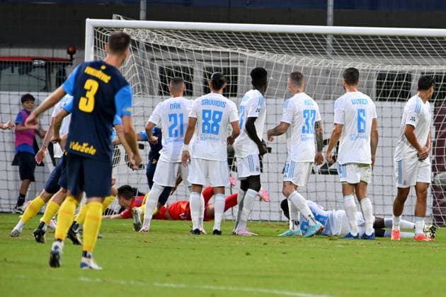 Celje, Slovenia, 24th 2024: Celje score from free kick during the UEFA Champions League 2nd qualifying round football match between Celje (Slovenia) and Slovan Bratislava (Slovakia) at Stadium Celje, Celje, Slovenia. (Igor Kupljenik SPP) Copyright: xIgorxKupljenikx xSPPx spp-en-IgKuSp-IK0_1366