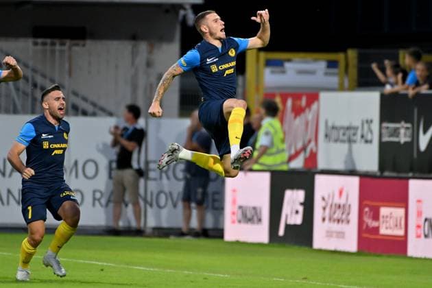 Celje, Slovenia, 24th 2024: Luka Bobicanec of Celje (R) celebrate score during the UEFA Champions League 2nd qualifying round football match between Celje (Slovenia) and Slovan Bratislava (Slovakia) at Stadium Celje, Celje, Slovenia. (Igor Kupljenik SPP) Copyright: xIgorxKupljenikx xSPPx spp-en-IgKuSp-IK0_1370a