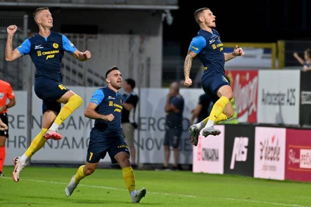Celje, Slovenia, 24th 2024: Luka Bobicanec of Celje (R) celebrate score during the UEFA Champions League 2nd qualifying round football match between Celje (Slovenia) and Slovan Bratislava (Slovakia) at Stadium Celje, Celje, Slovenia. (Igor Kupljenik SPP) Copyright: xIgorxKupljenikx xSPPx spp-en-IgKuSp-IK0_1371