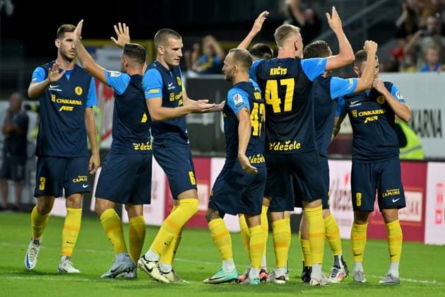 Celje, Slovenia, 24th 2024: Team Celje celebrate score during the UEFA Champions League 2nd qualifying round football match between Celje (Slovenia) and Slovan Bratislava (Slovakia) at Stadium Celje, Celje, Slovenia. (Igor Kupljenik SPP) Copyright: xIgorxKupljenikx xSPPx spp-en-IgKuSp-IK0_1376