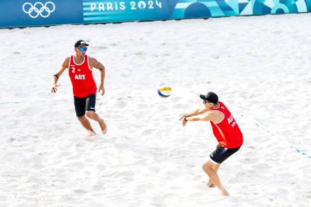 OLYMPICS - Olympic Summer Games 2024 PARIS,FRANCE,24.JUL.24 - OLYMPICS, Beach volleyball, Beachvolleyball - Olympic Summer Games Paris 2024, preview, training. Image shows Alexander Horst and Julian Hoerl (AUT).  GEPAxpictures xMaticxKlansek