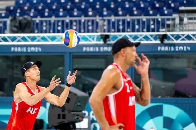 OLYMPICS - Olympic Summer Games 2024 PARIS,FRANCE,24.JUL.24 - OLYMPICS, Beach volleyball, Beachvolleyball - Olympic Summer Games Paris 2024, preview, training. Image shows Julian Hoerl and Alexander Horst (AUT).  GEPAxpictures xMaticxKlansek