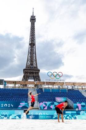 OLYMPICS - Olympic Summer Games 2024 PARIS,FRANCE,24.JUL.24 - OLYMPICS, Beach volleyball, Beachvolleyball - Olympic Summer Games Paris 2024, preview, training. Image shows Julian Hoerl and Alexander Horst (AUT). Keywords: olympic rings, eiffel tower.  GEPAxpictures xMaticxKlansek