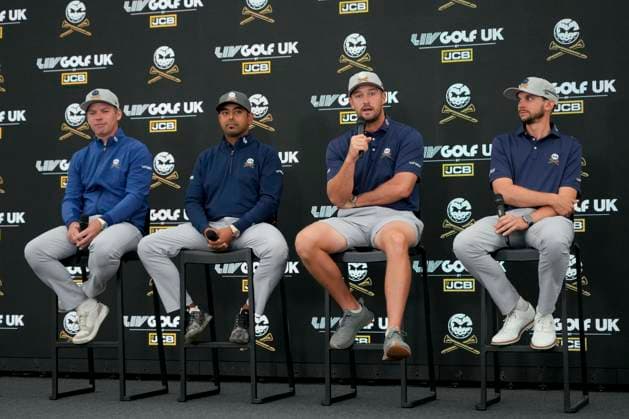 25th July 2024; JCB Golf &amp; Country Club, Rocester, Uttoxeter, England; LIV UK Golf League, Pro-Am Day; Bryson DeChambeau and his Crushers team mates Paul Casey, Anirban Lahiriof and John Catlin speaks to the media before the Pro-Am  ActionPlus12671537 StevenxFlynn