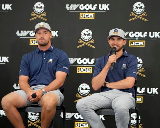 25th July 2024; JCB Golf &amp; Country Club, Rocester, Uttoxeter, England; LIV UK Golf League, Pro-Am Day; John Catlin with captain of the Crushers GC, Bryson DeChambeau speak to the media before the Pro-Am event  ActionPlus12671540 StevenxFlynn