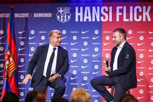 July 25, 2024, Barcelona, Barcelona, SPAIN: Hansi Flick coach of FC Barcelona, Barca and Joan Laporta president of FC Barcelona during Hansi Flick presentation as a new coach of FC Barcelona at Camp Nou stadium on July 25, 2024, in Barcelona, Spain. Barcelona SPAIN - ZUMAa181 20240725_zaa_a181_086 Copyright: xXavierxBonillax