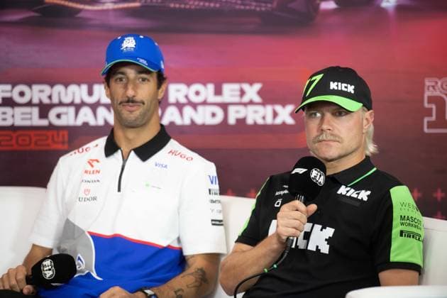 Scuderia AlphaTauri Australian rider Daniel Ricciardo and Alfa Romeo F1 Team Orlen Finnish rider Valtteri Bottas are seen during a press conference, PK, Pressekonferenz ahead of the Grand Prix F1 of Belgium race, in Spa-Francorchamps, Thursday 25 July 2024. The Spa-Francorchamps Formula One Grand Prix takes place this weekend, from July 25th to July 28th. JONASxROOSENS  x97020657x
