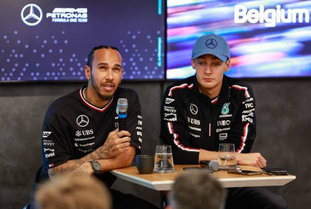 44 Lewis Hamilton GBR, Mercedes AMG Petronas F1 Team , 63 George Russell GBR, Mercedes AMG Petronas F1 Team , F1 Grand Prix of Belgium at Circuit de Spa Francorchamps on July 25, 2024 in Spa Francorchamps, Belgium Photo by HOCH ZWEI Spa Francorchamps Belgium
