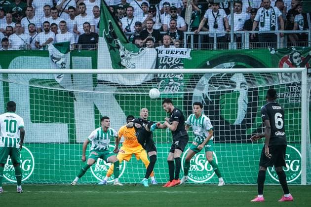 Soccer FC St Gallen 1879 vs FC TOBOL KOSTANAY 2 qualifying round UEFA Conference League Kybunpark St Gallen, Switzerland Tobols Ivan Miladinovic on goal attempt St Gallen Kybunpark Canton St Gallen Switzerland Copyright: xJoeranxSteinsiekx