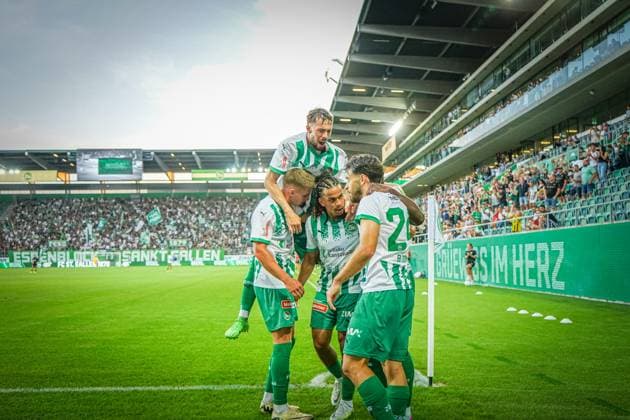 Soccer FC St Gallen 1879 vs FC TOBOL KOSTANAY 2 qualifying round UEFA Conference League Kybunpark St Gallen, Switzerland Goal and celebration by St Gallens Chadrac Akolo to give St Gallen a 2-1 lead Kybunpark Canton St Gallen Switzerland Copyright: xJoeranxSteinsiekx