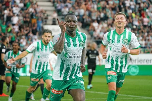 Soccer FC St Gallen 1879 vs FC TOBOL KOSTANAY 2 qualifying round UEFA Conference League Kybunpark St Gallen, Switzerland Goal and celebration by St Gallens Chadrac Akolo to give St Gallen a 2-1 lead Kybunpark Canton St Gallen Switzerland Copyright: xJoeranxSteinsiekx