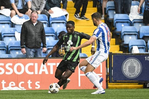 Cercle s Kader Abdoul Ouattara and Kilmarnock s Robbie Deas pictured in action during a soccer game between Scottish Kilmarnock F.C. and Belgian Cercle Brugge in Kilmarnock, Scotland on Thursday 25 July 2024, the first leg of the second qualifying round for the UEFA Europa League competition. TOM GOYVAERTS TomxGoyvaerts  x97038437x